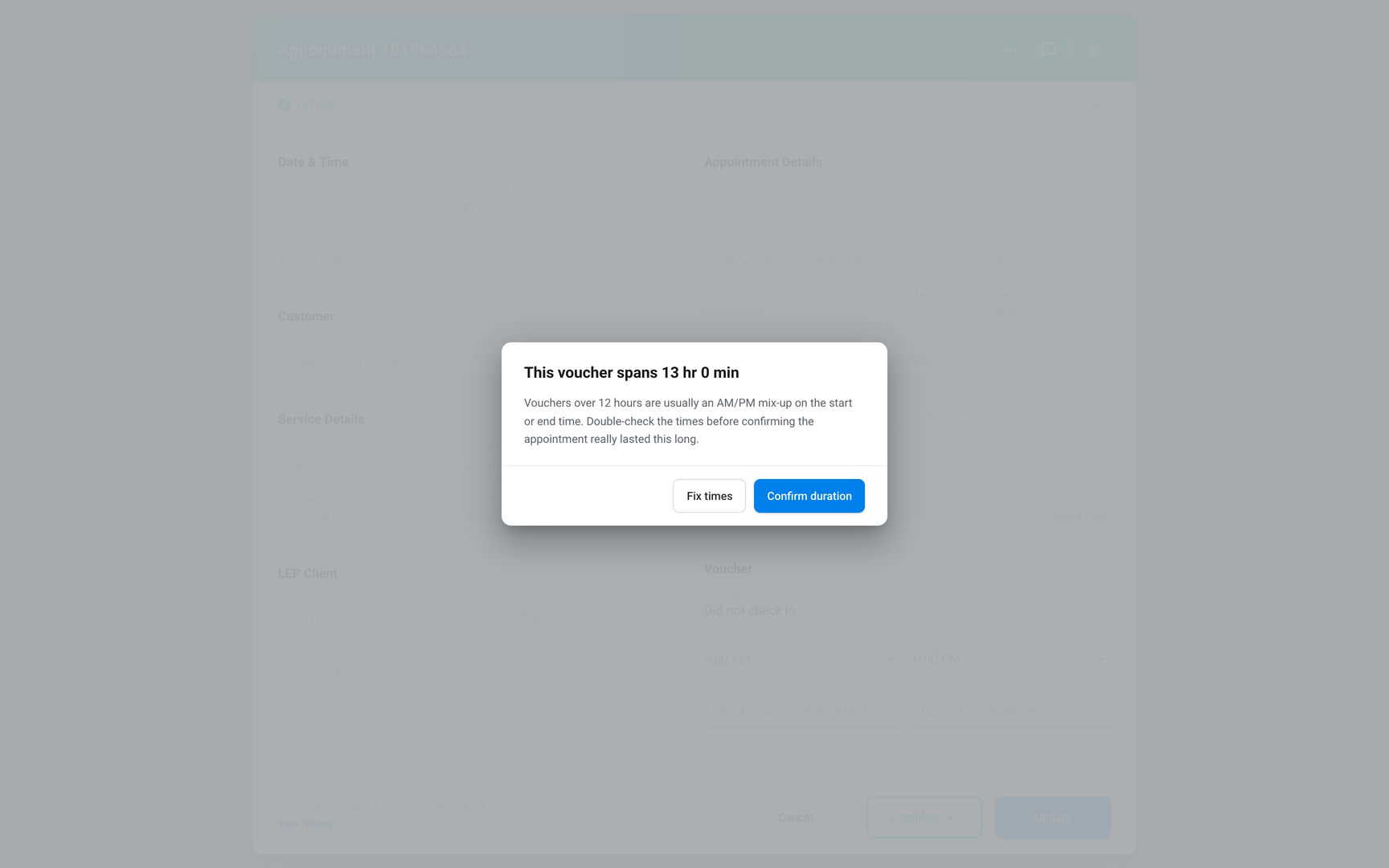 Voucher save dialog asking to check a 13-hour duration for an AM or PM mix-up, with Fix times and Confirm duration